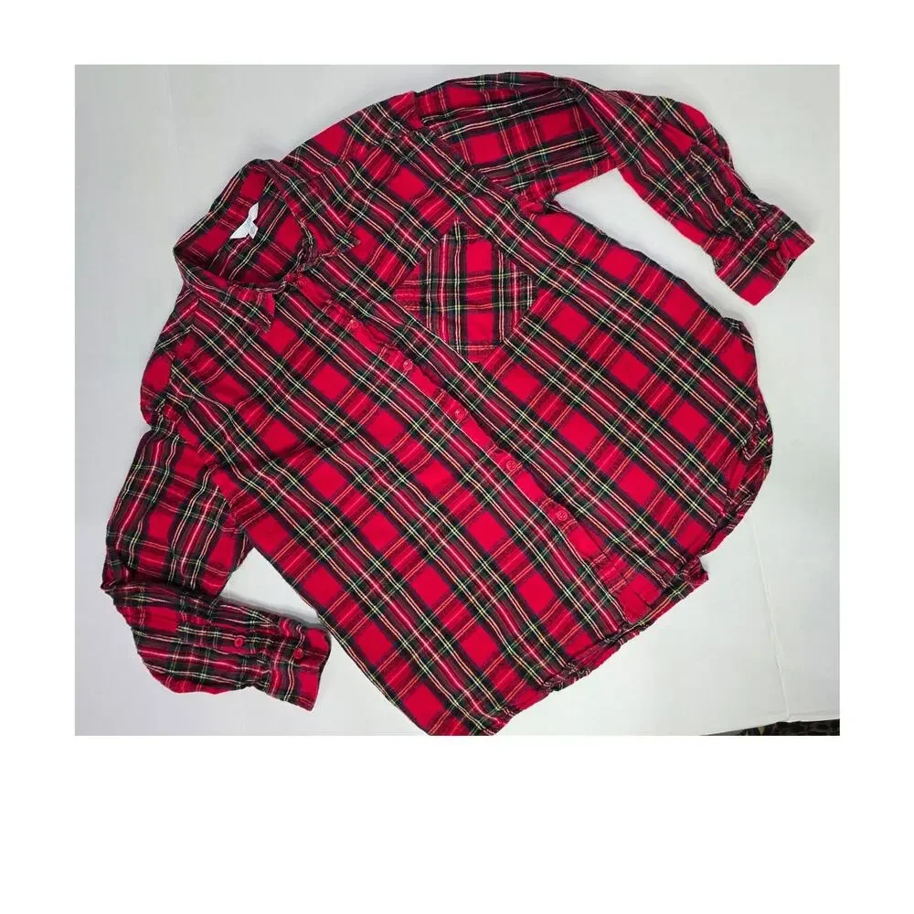 Time and Tru Red Plaid Flannel Shirt XL Cotton Button Front Tartan Fall